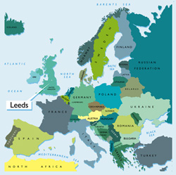 Map of Leeds within Europe